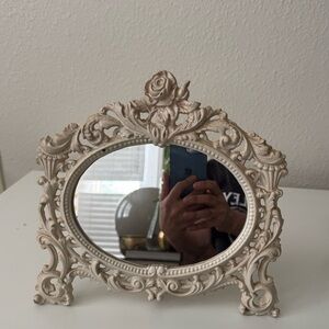 vintage ornate French Country white cast iron floral vanity mirror 10”